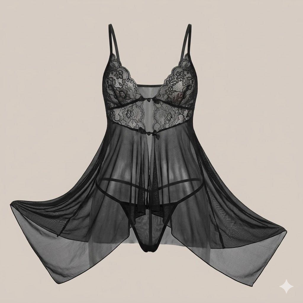 Black Sheer Lace Babydoll Lingerie Set