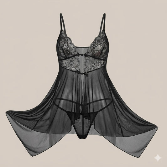 Black Sheer Lace Babydoll Lingerie Set