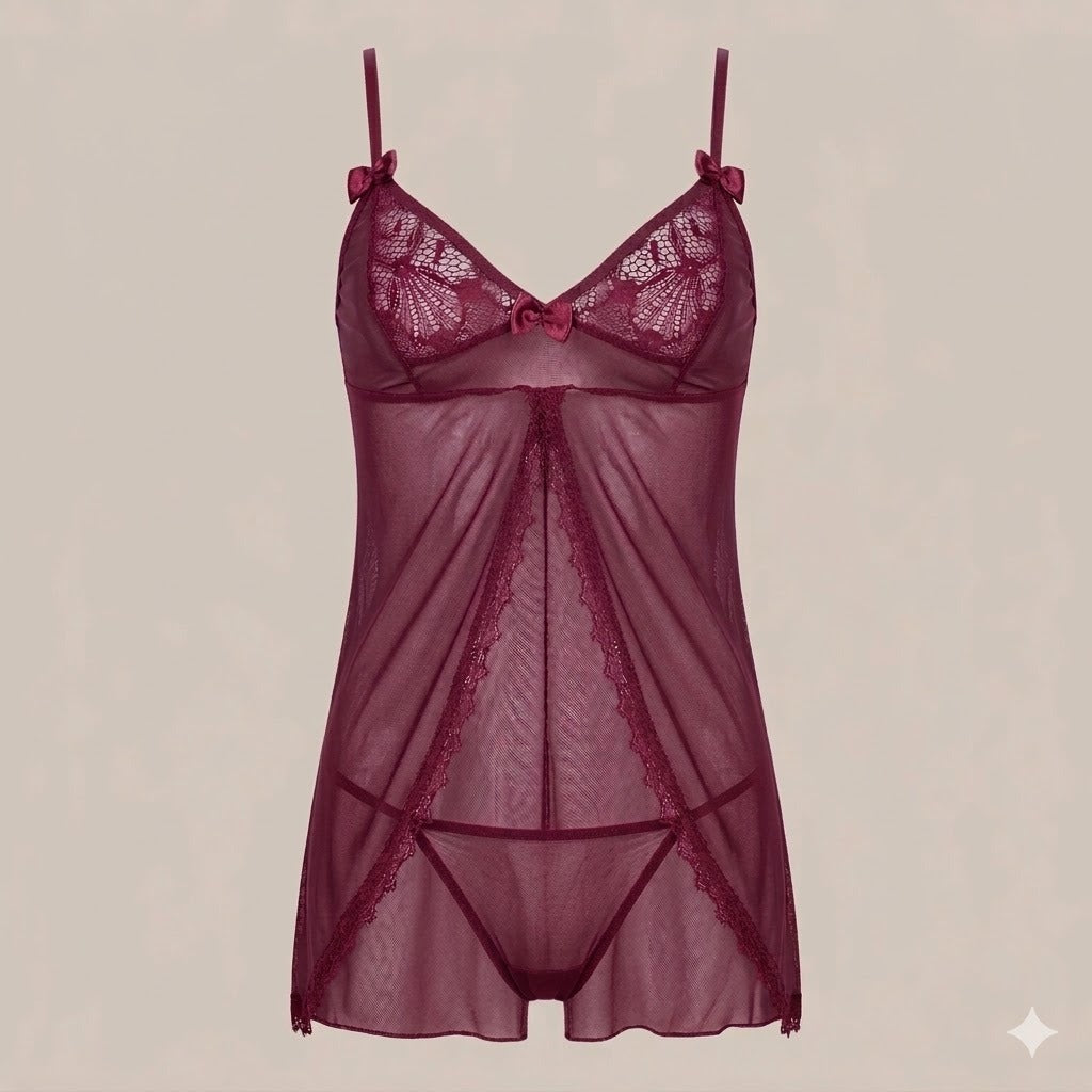 Elegant Red Sheer Lace Babtdoll Lingerie Set
