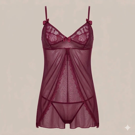 Elegant Red Sheer Lace Babtdoll Lingerie Set
