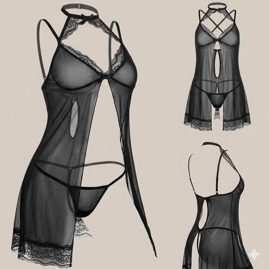Black Rose Whisper Lace Nighty Set